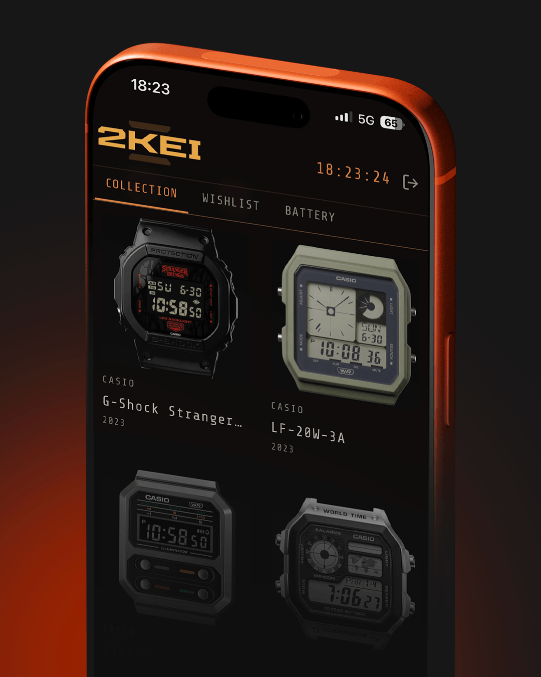 2kei app showing a digital watch collection